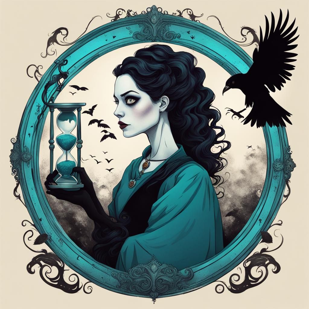 Woman with Raven in Tim Burton Cartoon Style