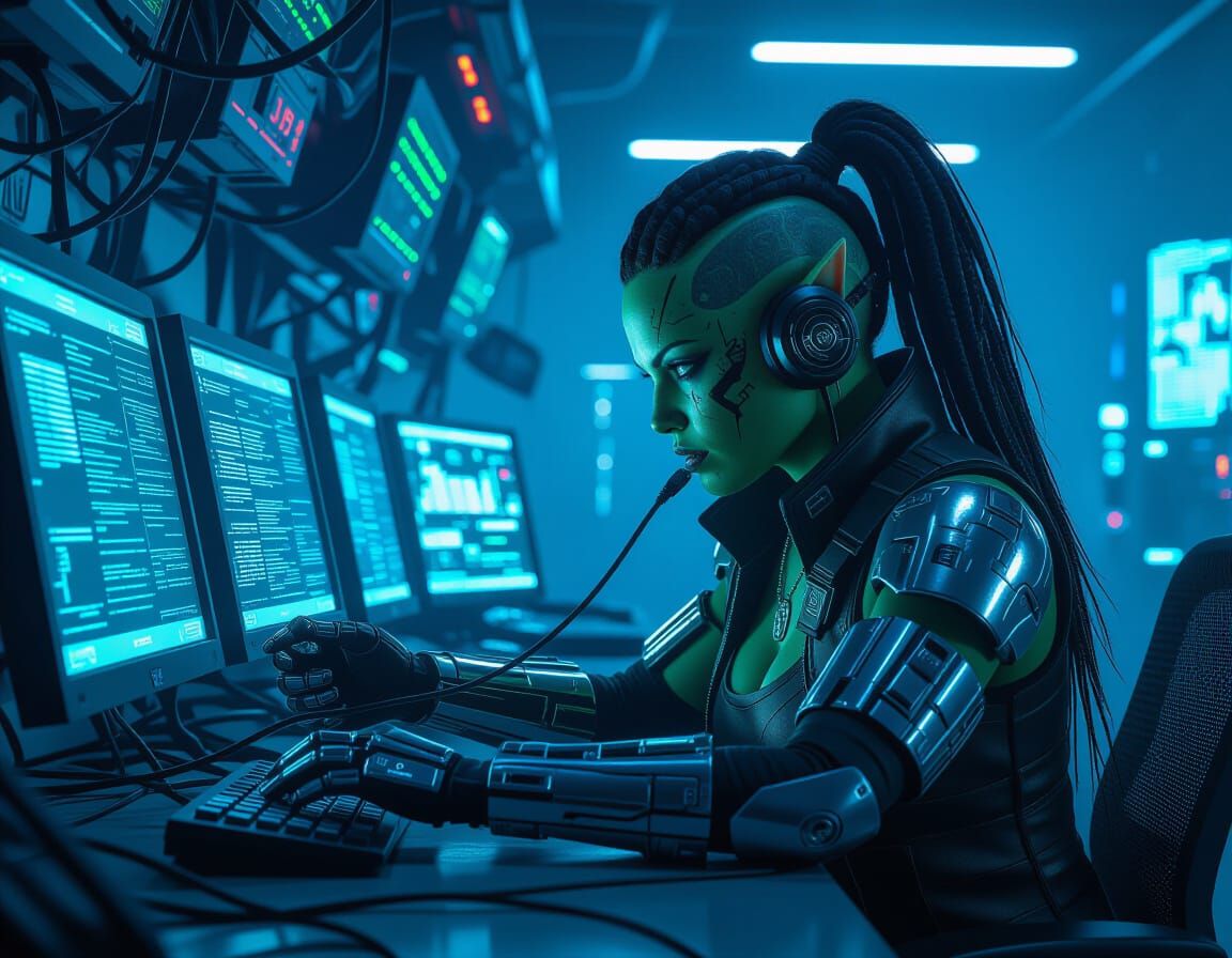 Cyberpunk Orc Hacker Connects to Server Room