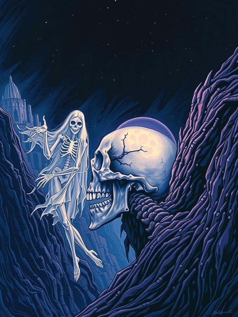 In a dark, mystical atmosphere with claire-obscur lighting, a skull and a frightening skeletal ghost figure float gracef...