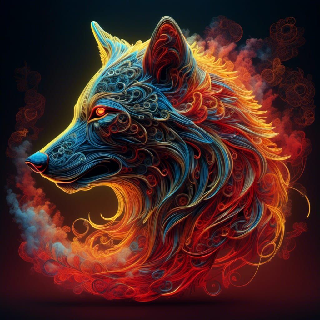 Stylistic Neon Zentangle Wolf with Rune Moon