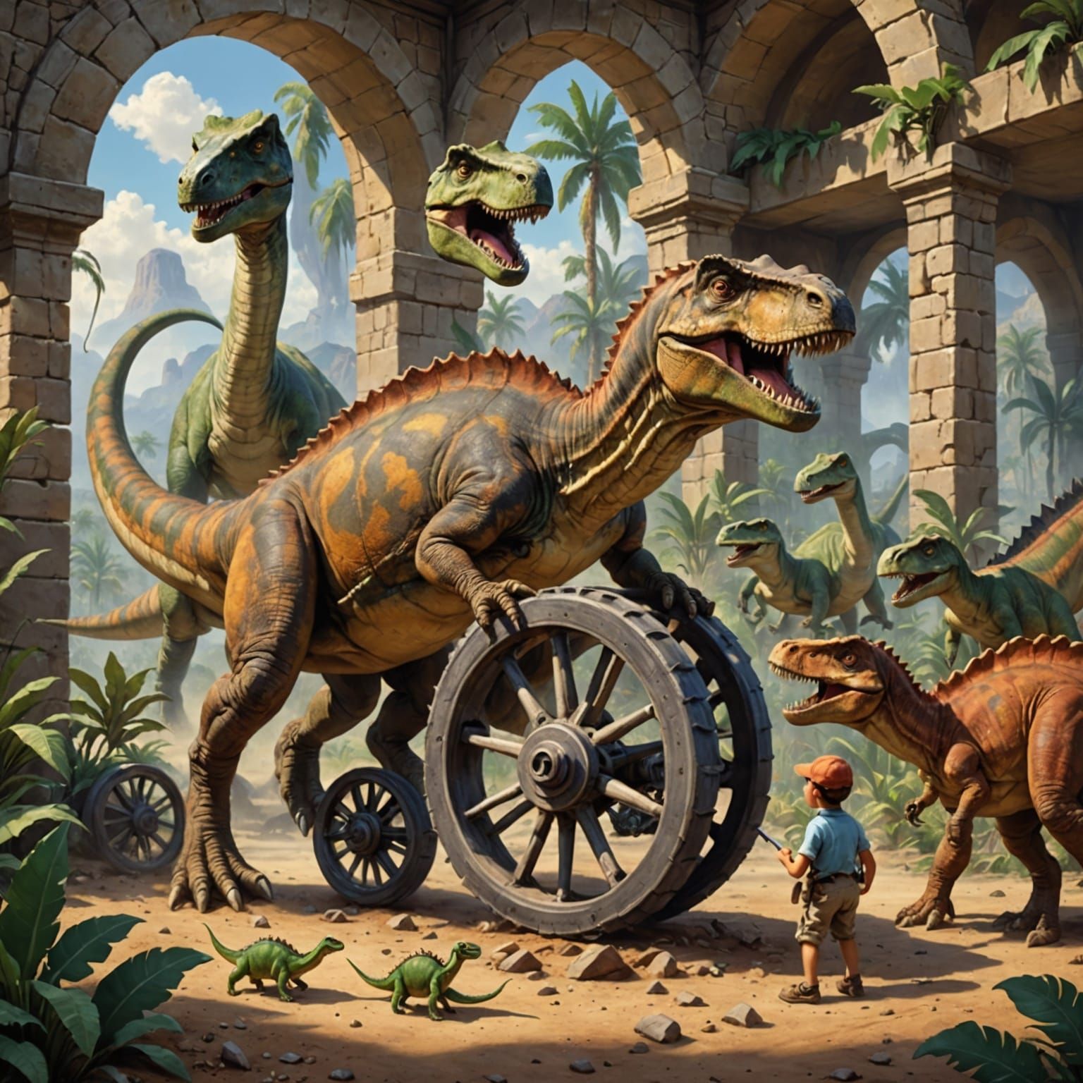 Prehistoric Creatures Invent the Wheel in Ancient Landscape