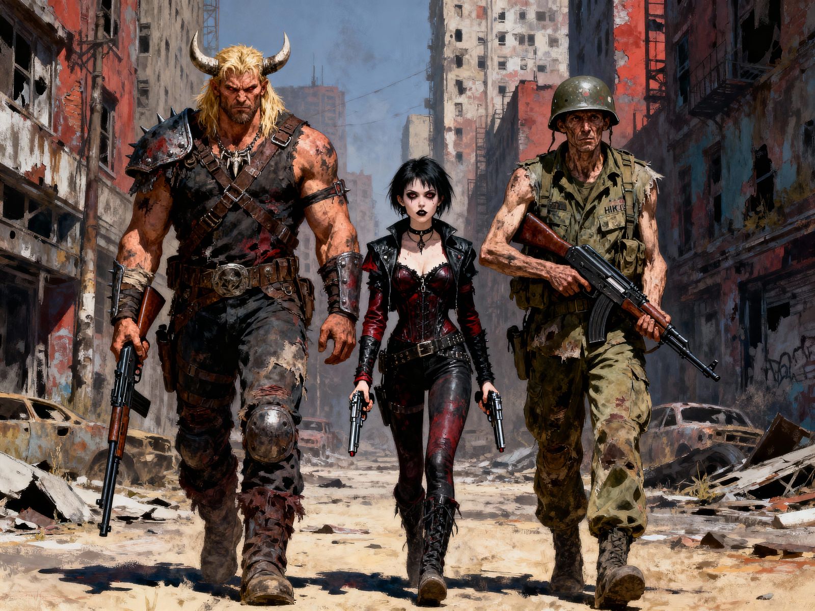 Post-Apocalyptic Raiders Advance Through Deserted City Stree...