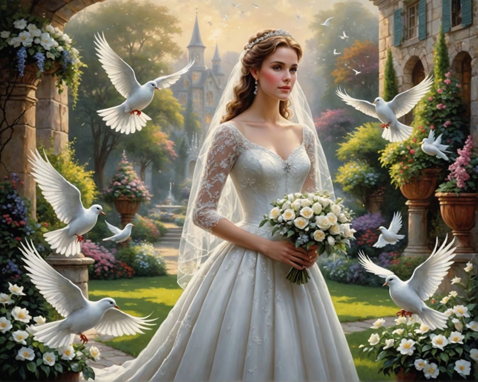 Bride with Doves: Realistic Oil Painting