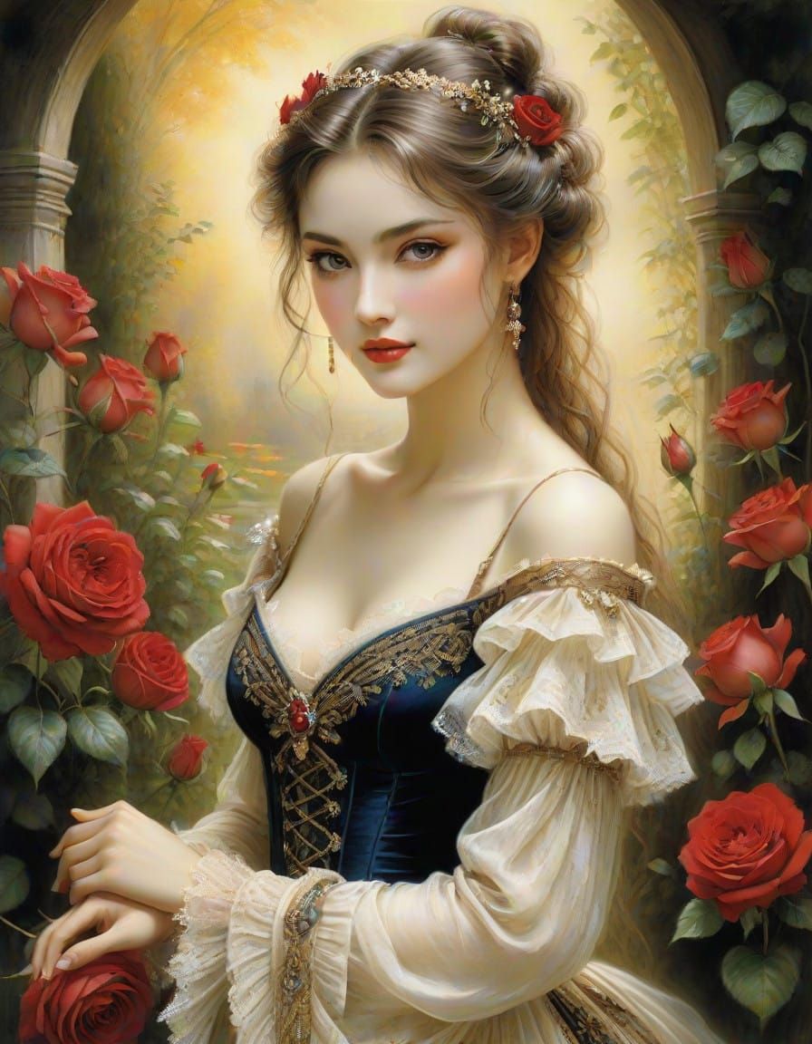 Delicate Fairy in Velvet, Surrounded by Blooming Roses in a...