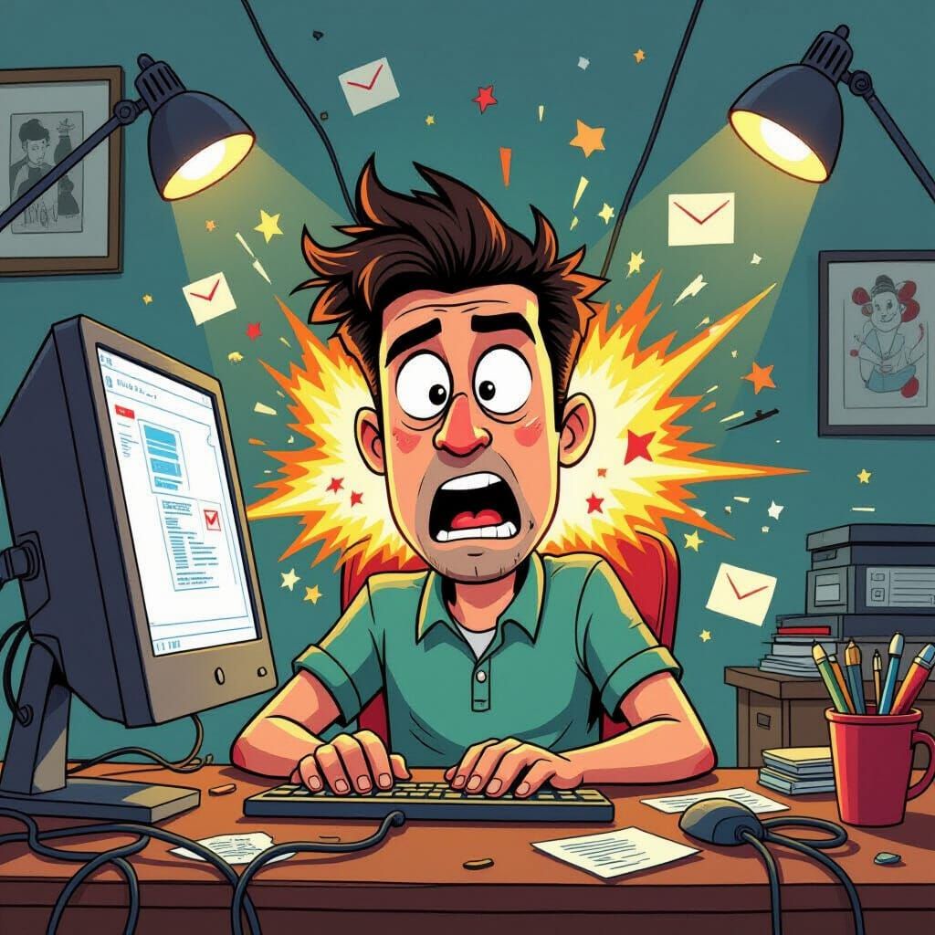 Shocked Man's Exploding Computer in Cartoon Style
