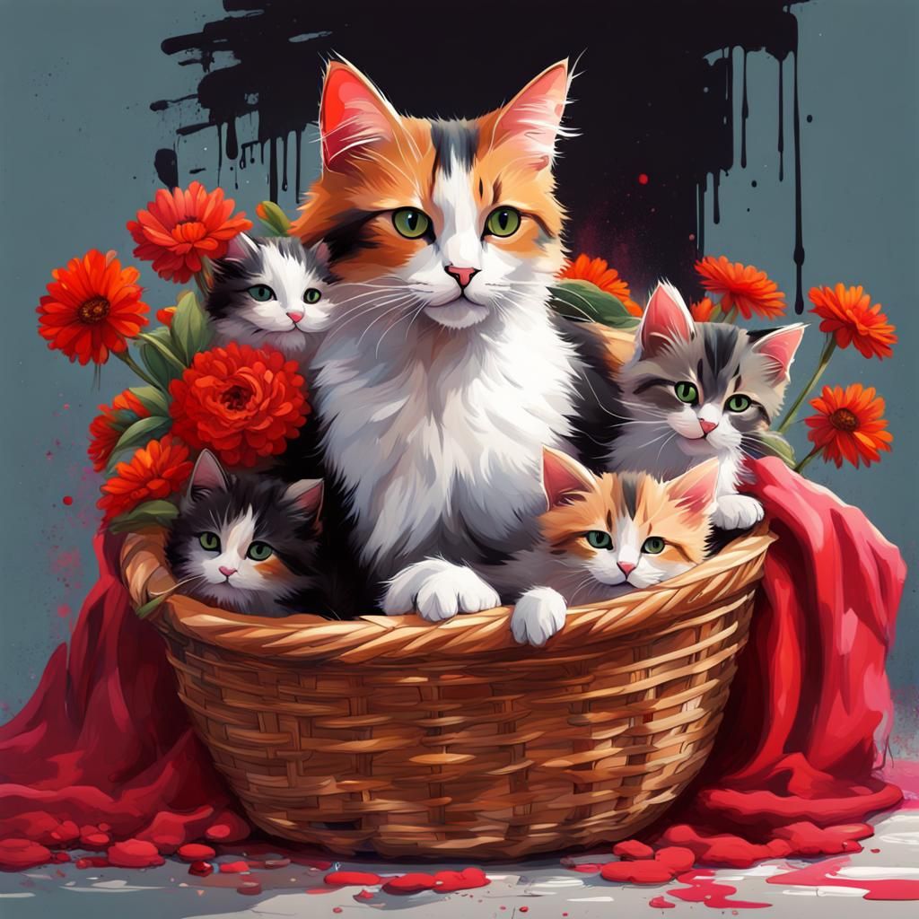 Calico Cat with Newborn Kittens in Graffiti Art Style