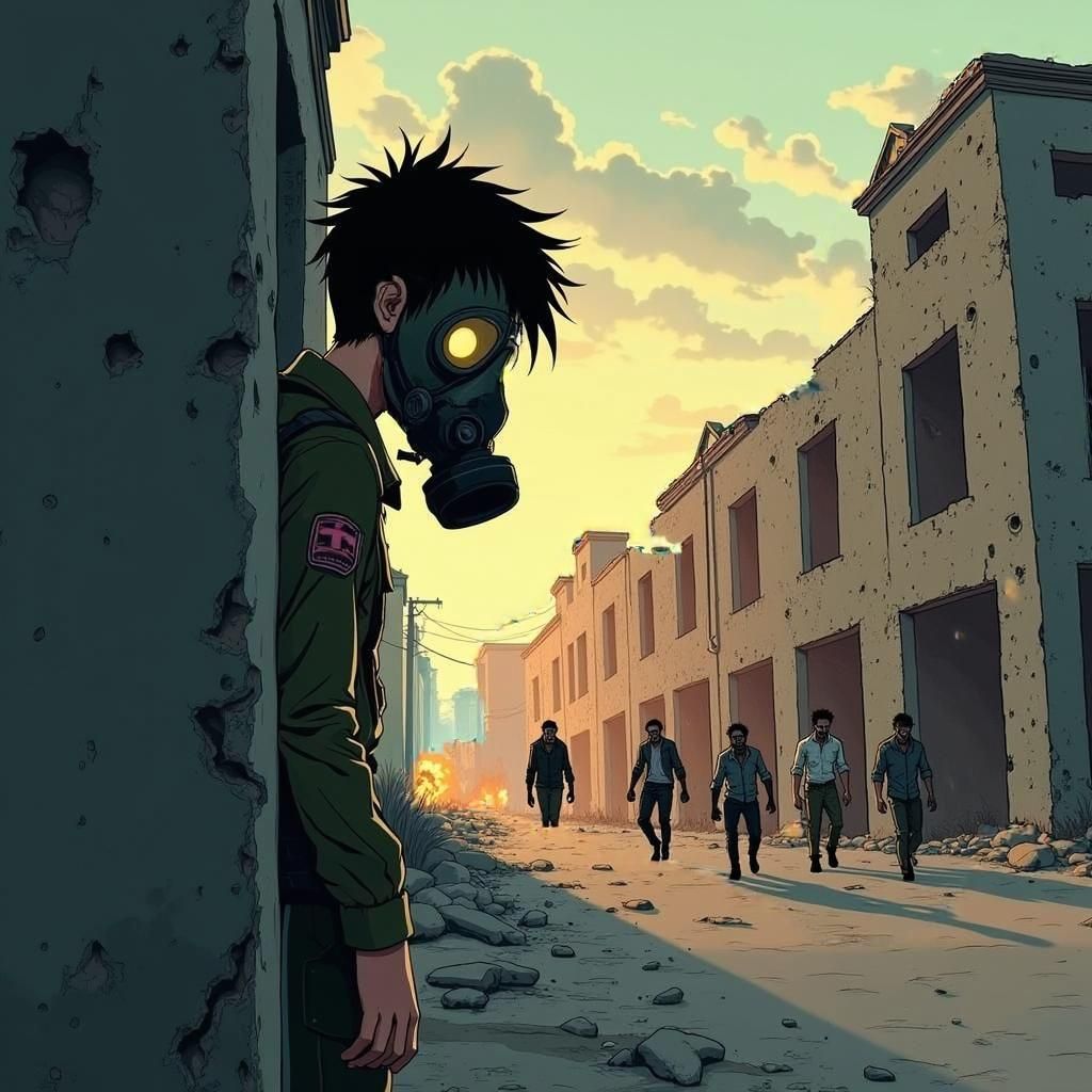 Gas Mask Soldier Hiding From Zombies, Manga Style