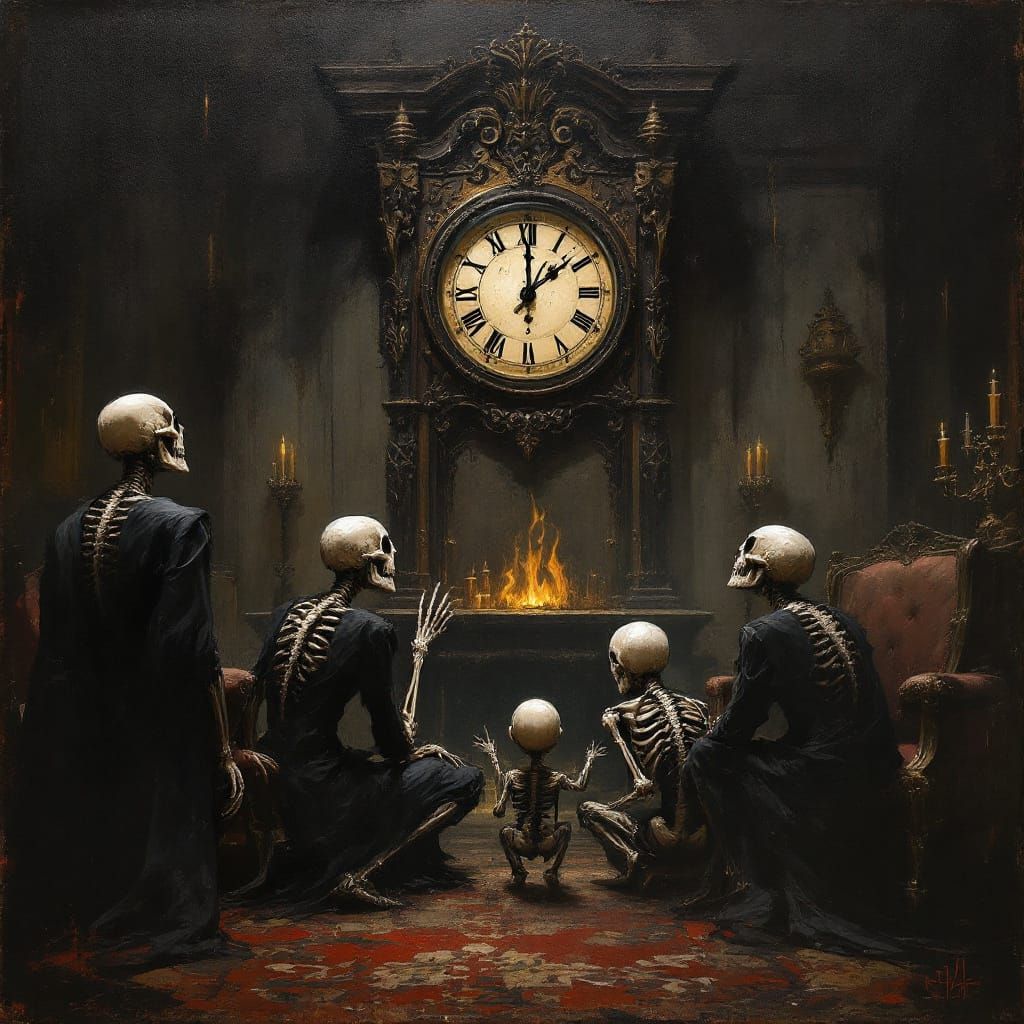 Skeleton Family Awaits Midnight in Gothic Parlor