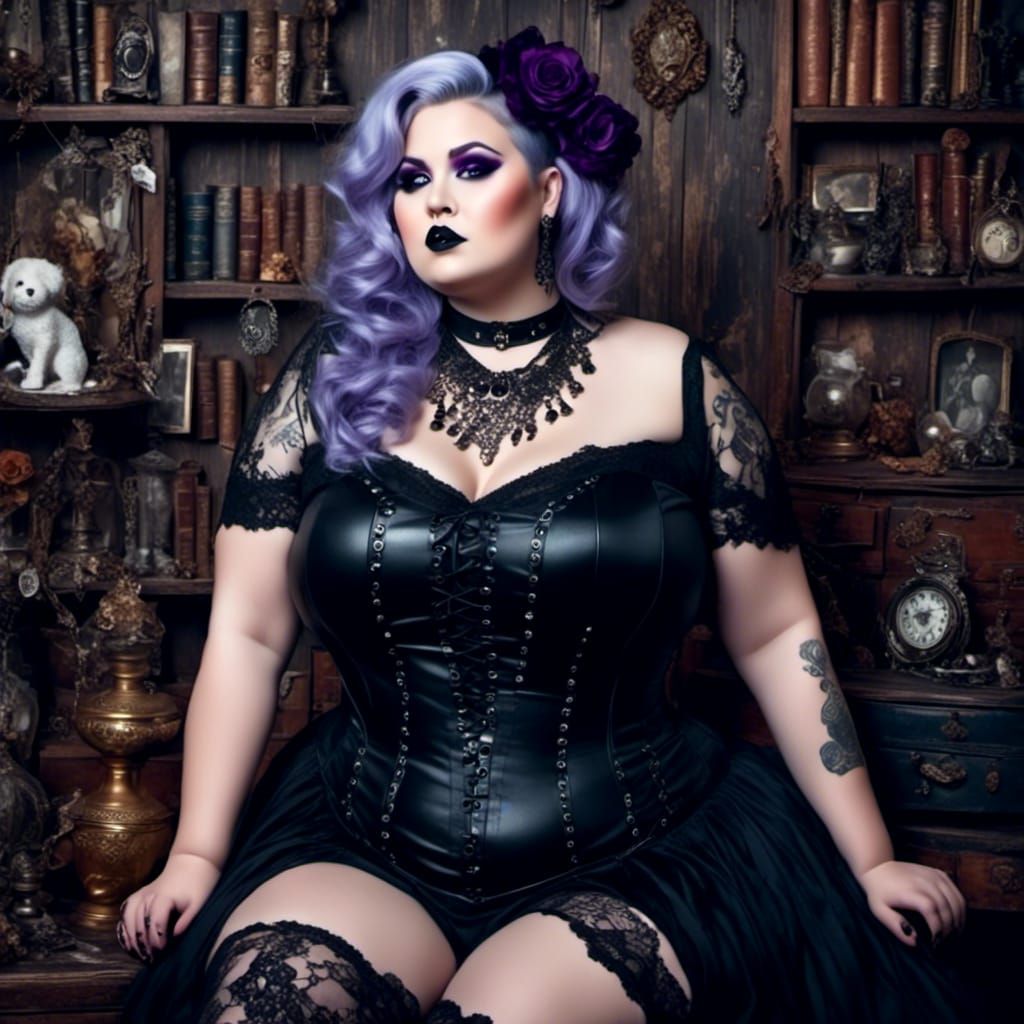 Curvy Gothic Girl with Piercings and Silver Hair