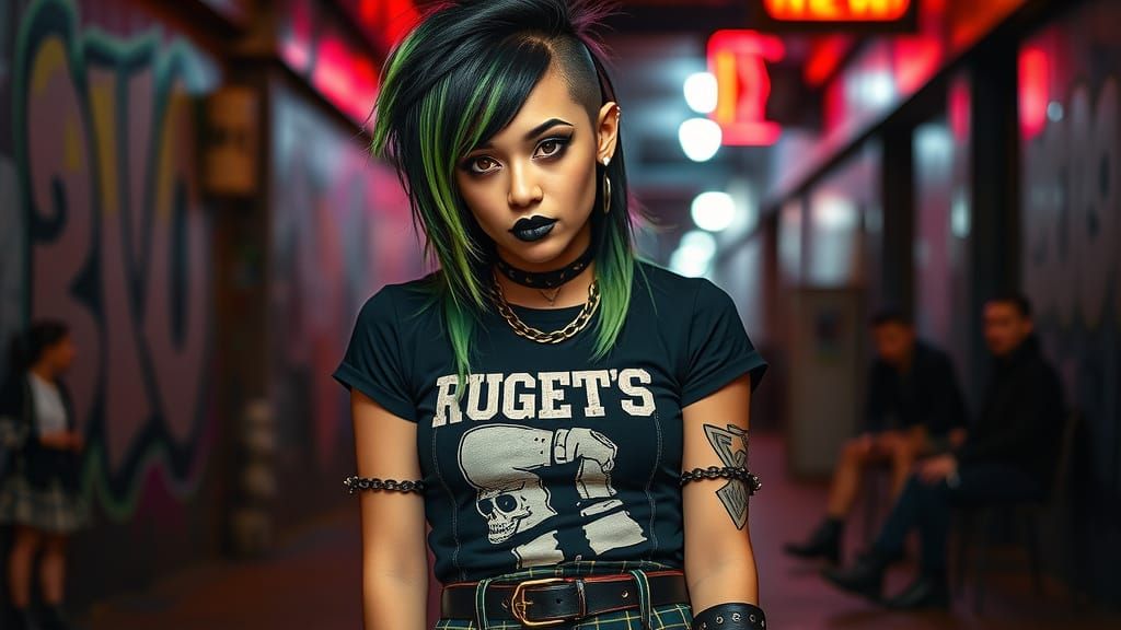 Edgy Punk Girl with Asymmetrical Hairstyle in Photorealistic...