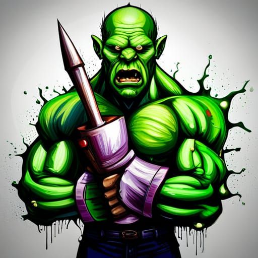 Muscular Orc with Mace in Graffiti Art Style