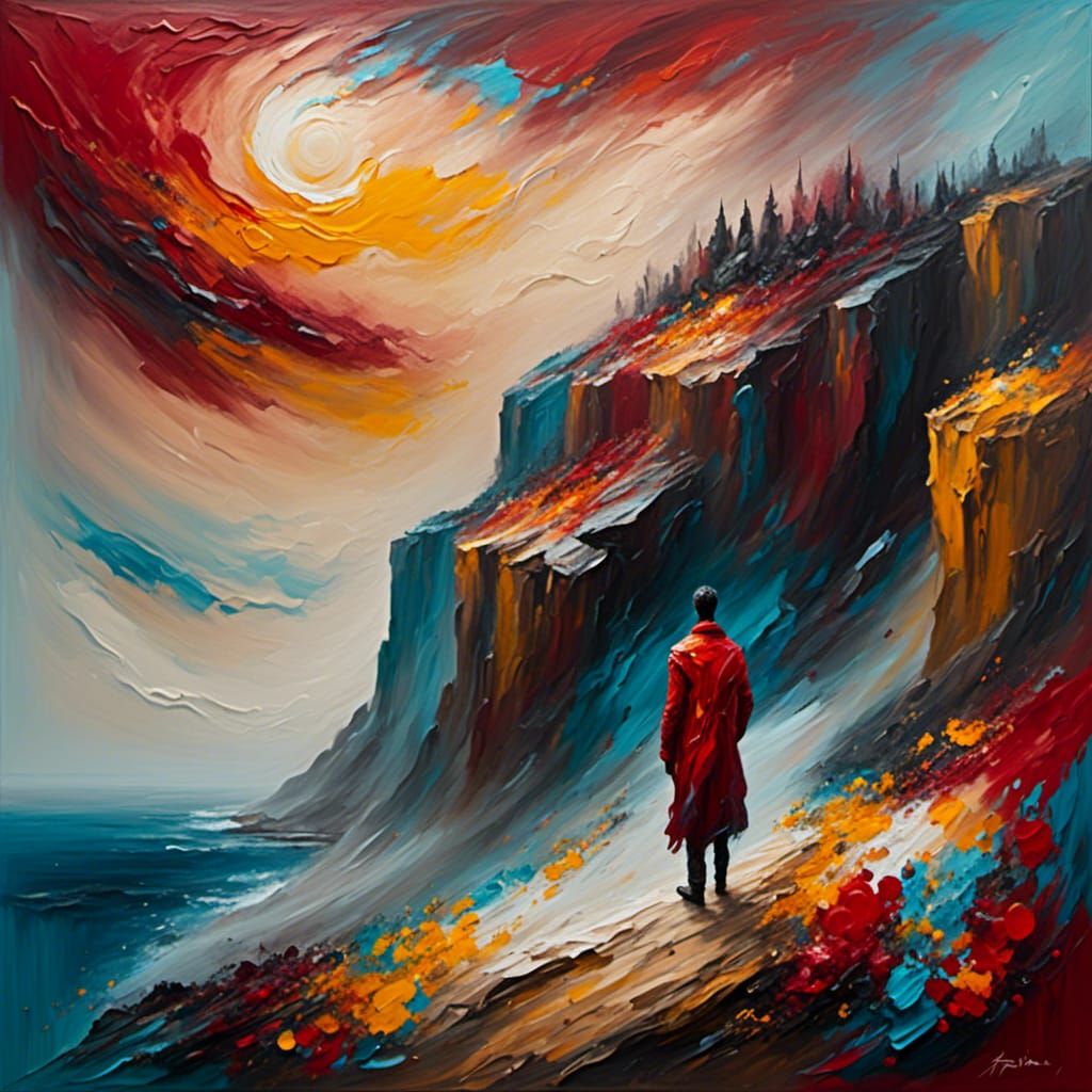 Misty Cliffside Figure in Impressionist Style