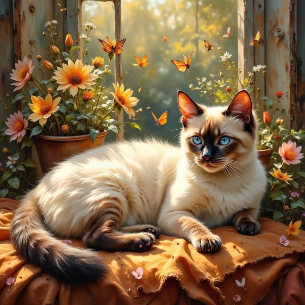 Elegant Siamese Cat with Holographic Butterflies