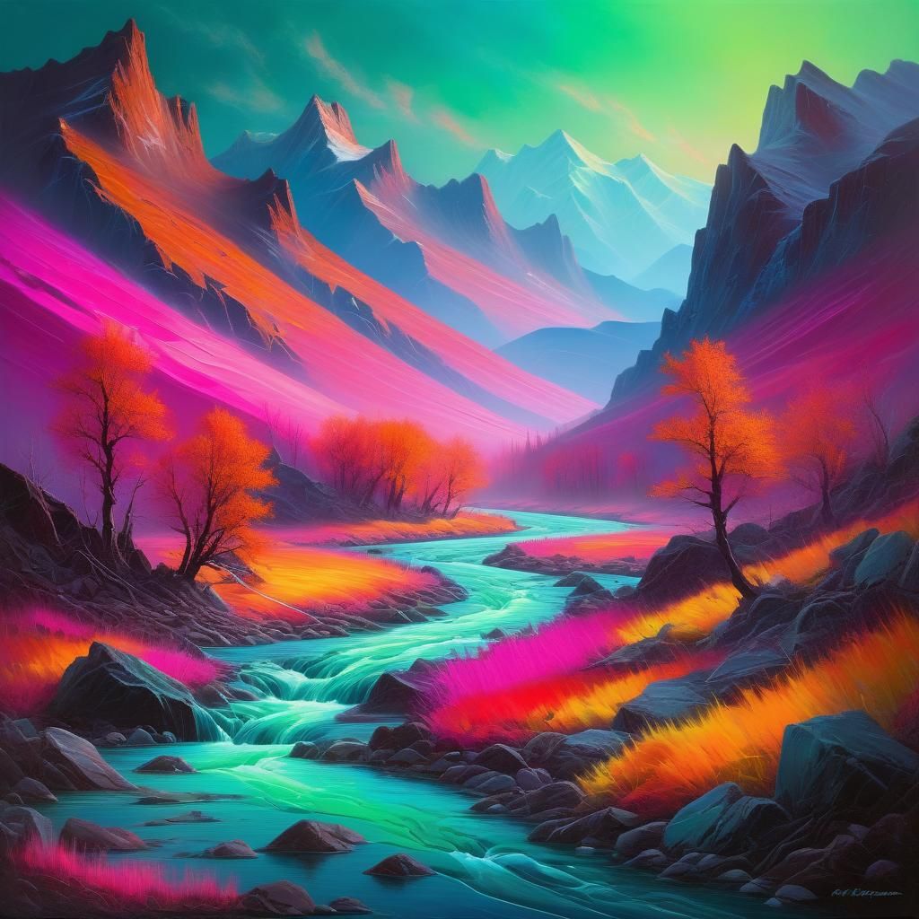 Fluorescent River in Majestic Mountains: Surreal Painting