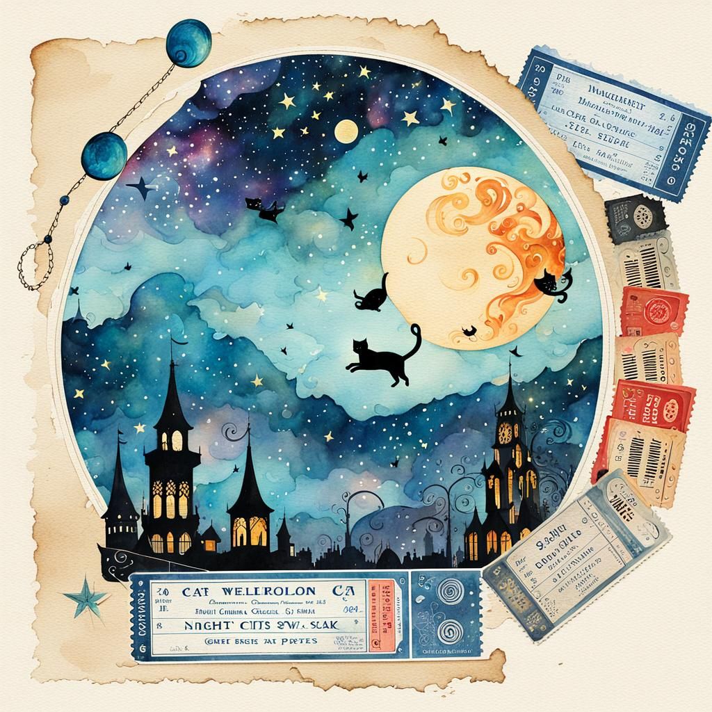 Whimsical Cosmic Cat Watercolor Collage