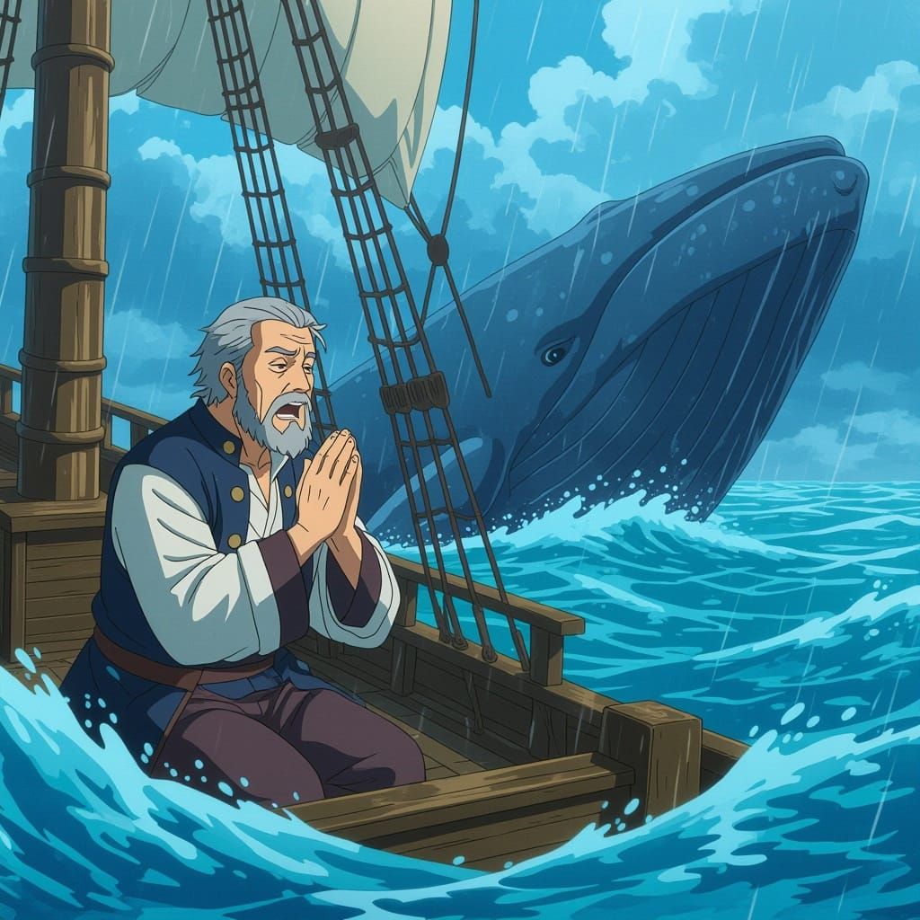 Man Prays on Ship Amidst Stormy Seas with Giant Whale