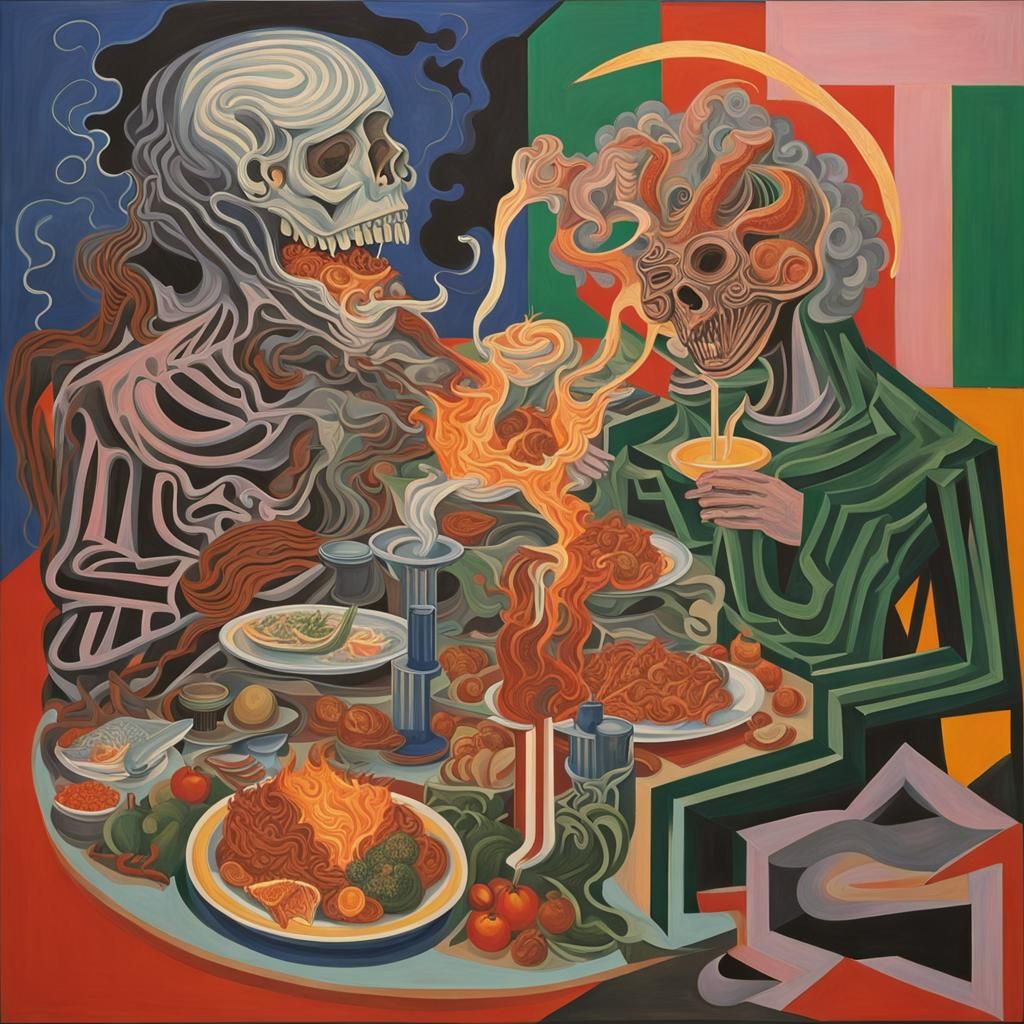 God and Satan Share Dinner: Surreal Oil Painting