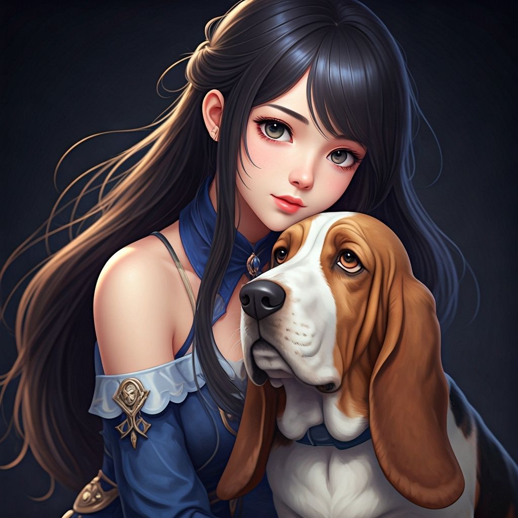 Woman Poses With Basset Hound in 3D Anime Style
