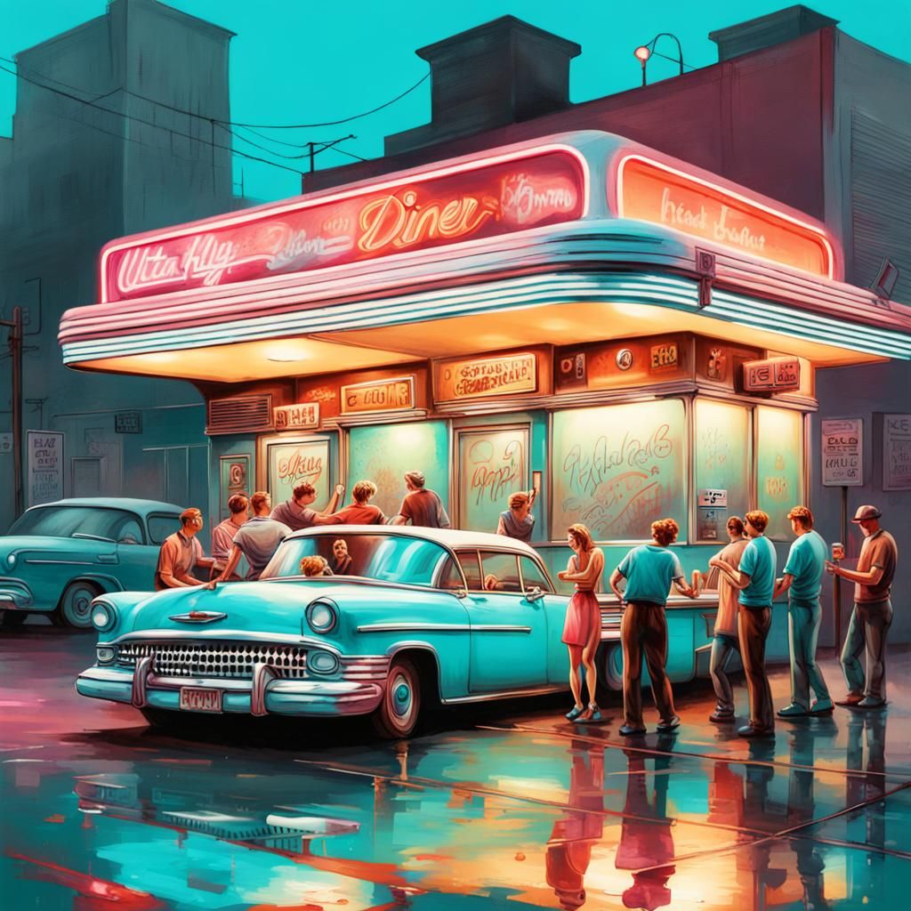 Vibrant Retro Diner Scene in Street Art Style