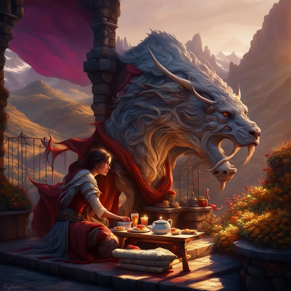 Mountain Terrace Breakfast in Dark Fantasy Style