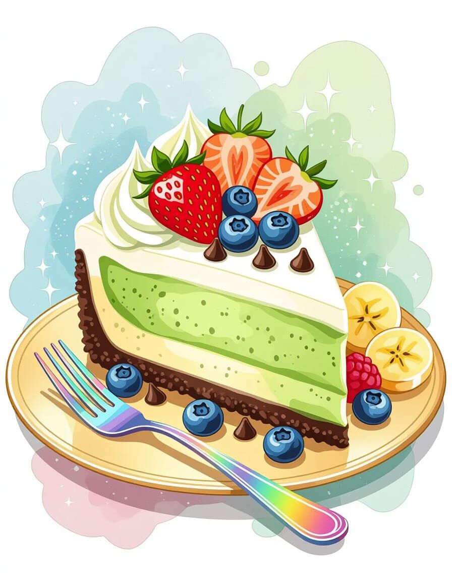 Matcha Cheesecake Slice with Berries, in Folk Art Style