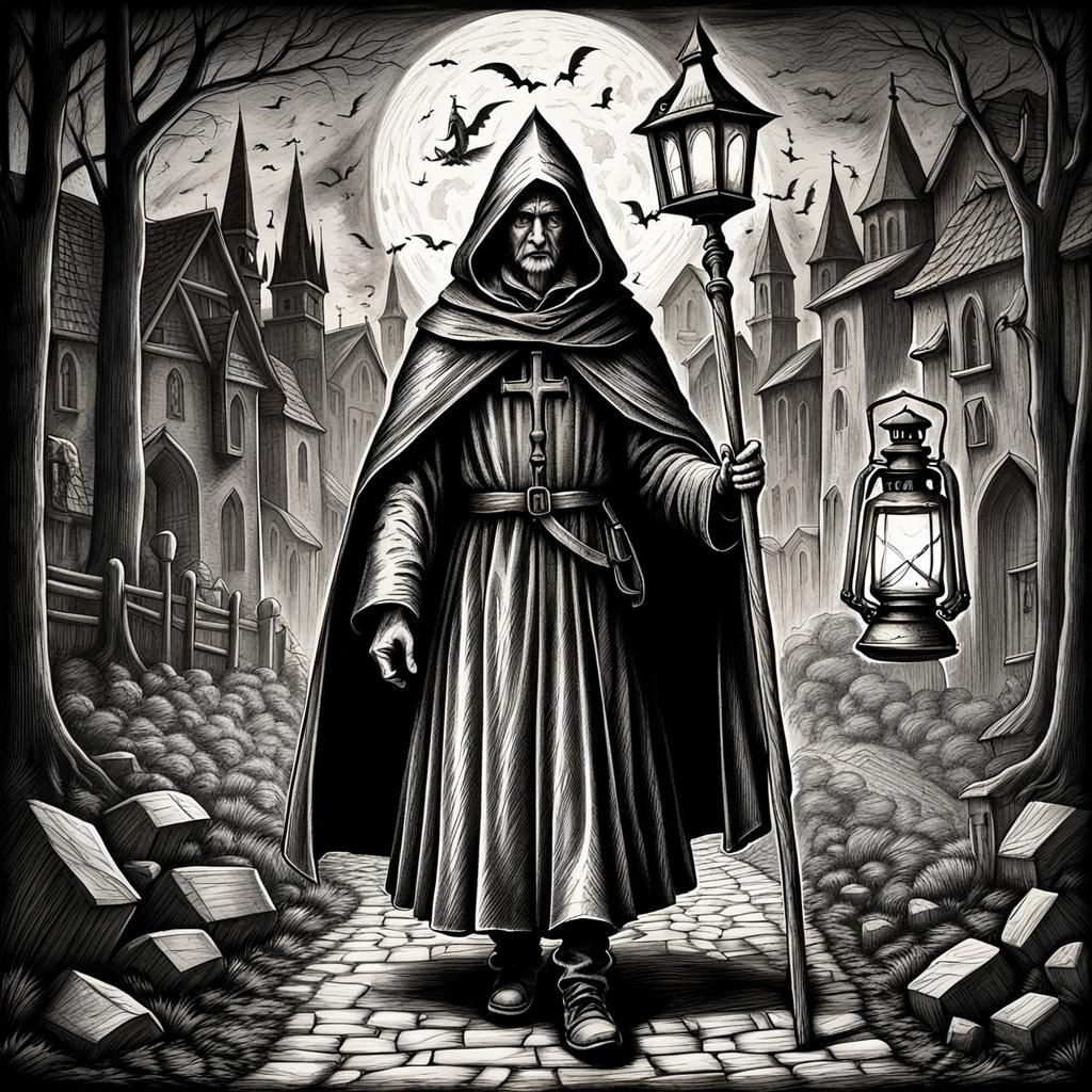 Noble Pilgrim in Medieval Witch Scene: Charcoal Drawing