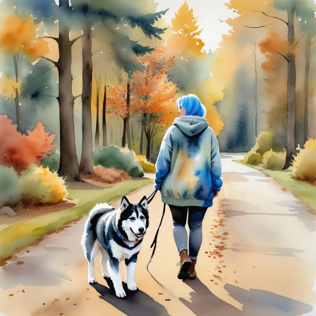 Autumn Park Walk with Dog, Watercolor Painting
