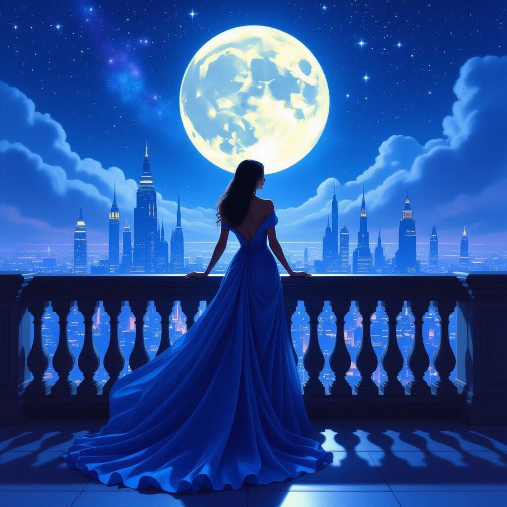 Glamorous Woman on Balcony Overlooking Celestial City