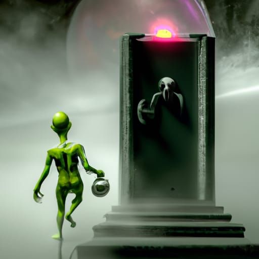 Green Alien Emerges from Spaceship Door