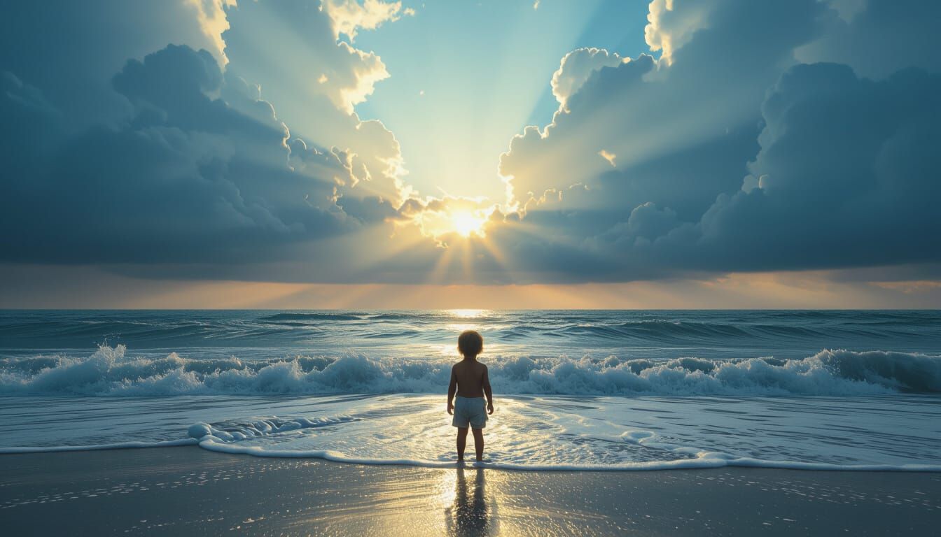 Child at Endless Sea Horizon with Storm Clouds
