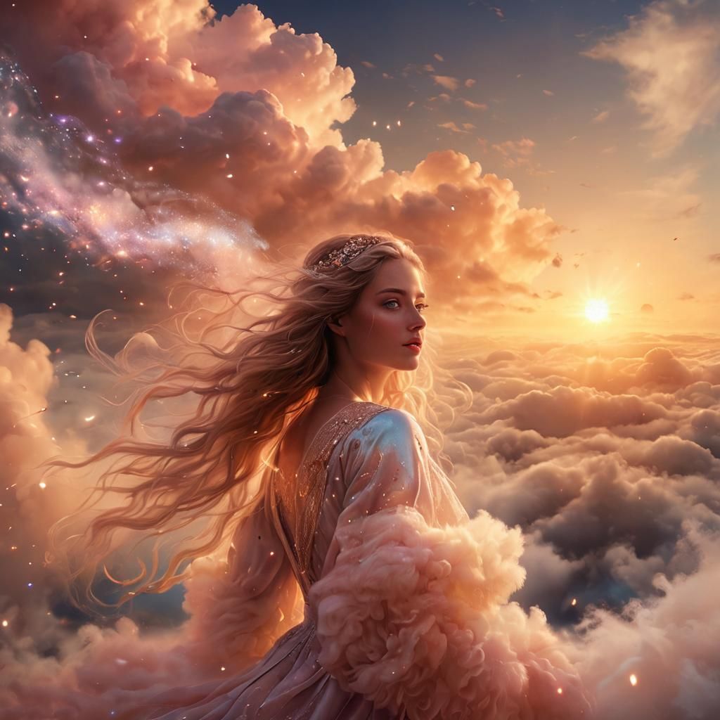 Romantic Girl in Glitter Clouds: Hyperrealistic Dawn