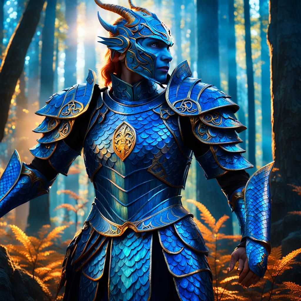 Victorious Blue Dragonborn Paladin in Mystical Forest