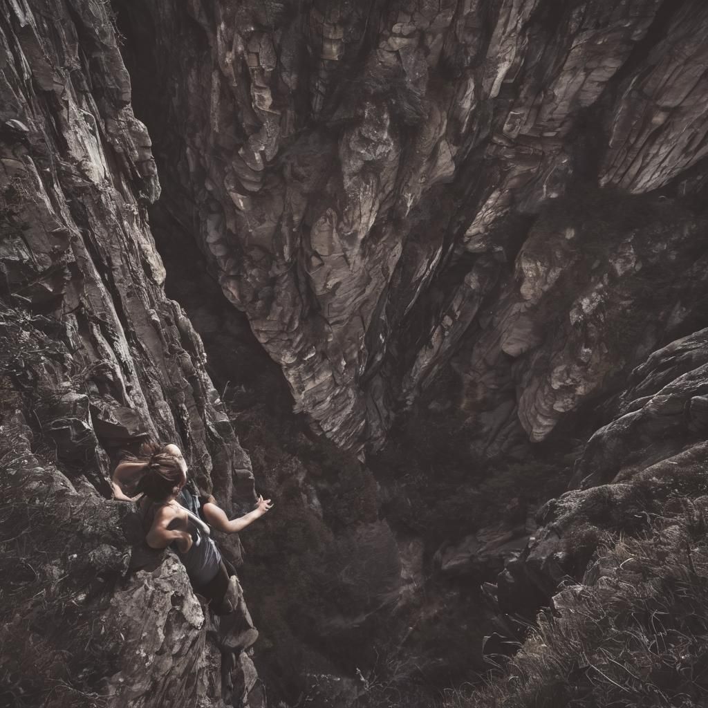 Dreamcore: Woman at Cliff's Edge Stares into Ravine