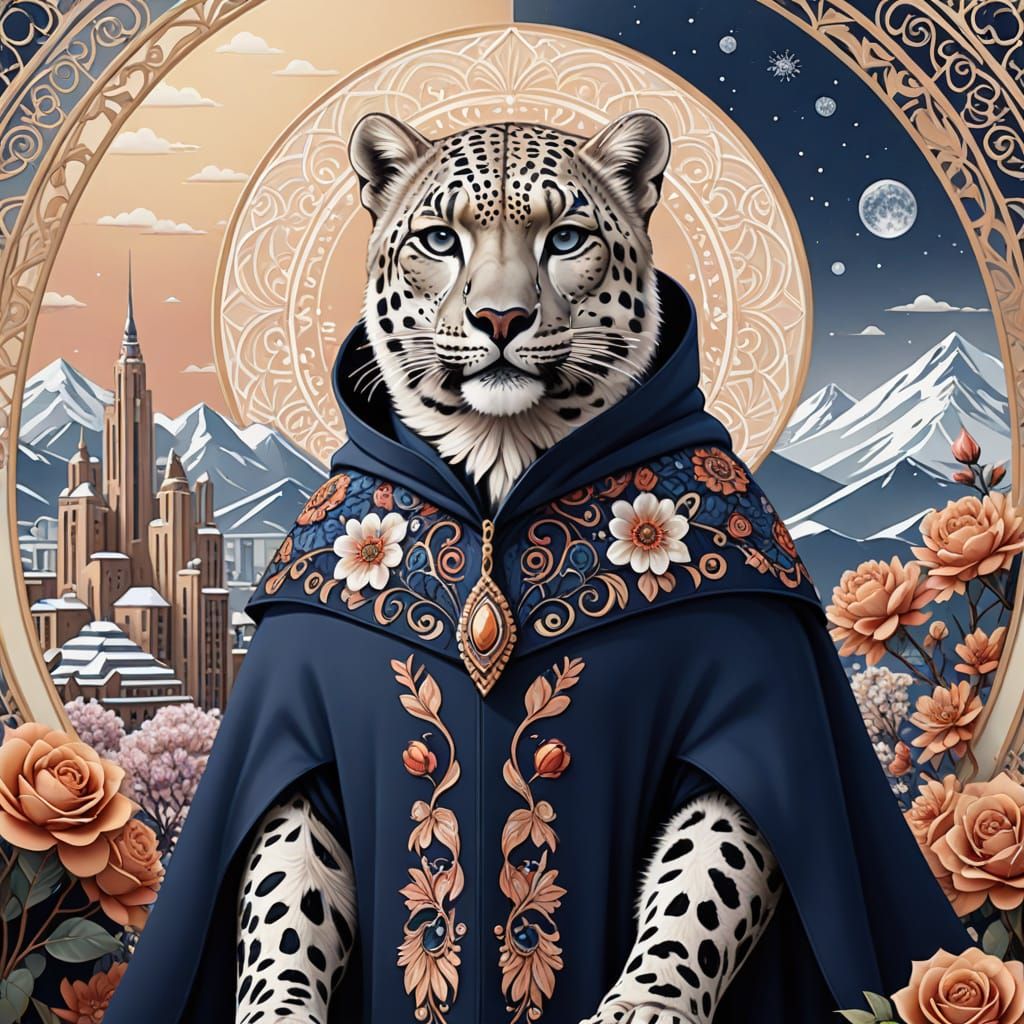 Art Deco Snow Leopard with Mandala Motifs