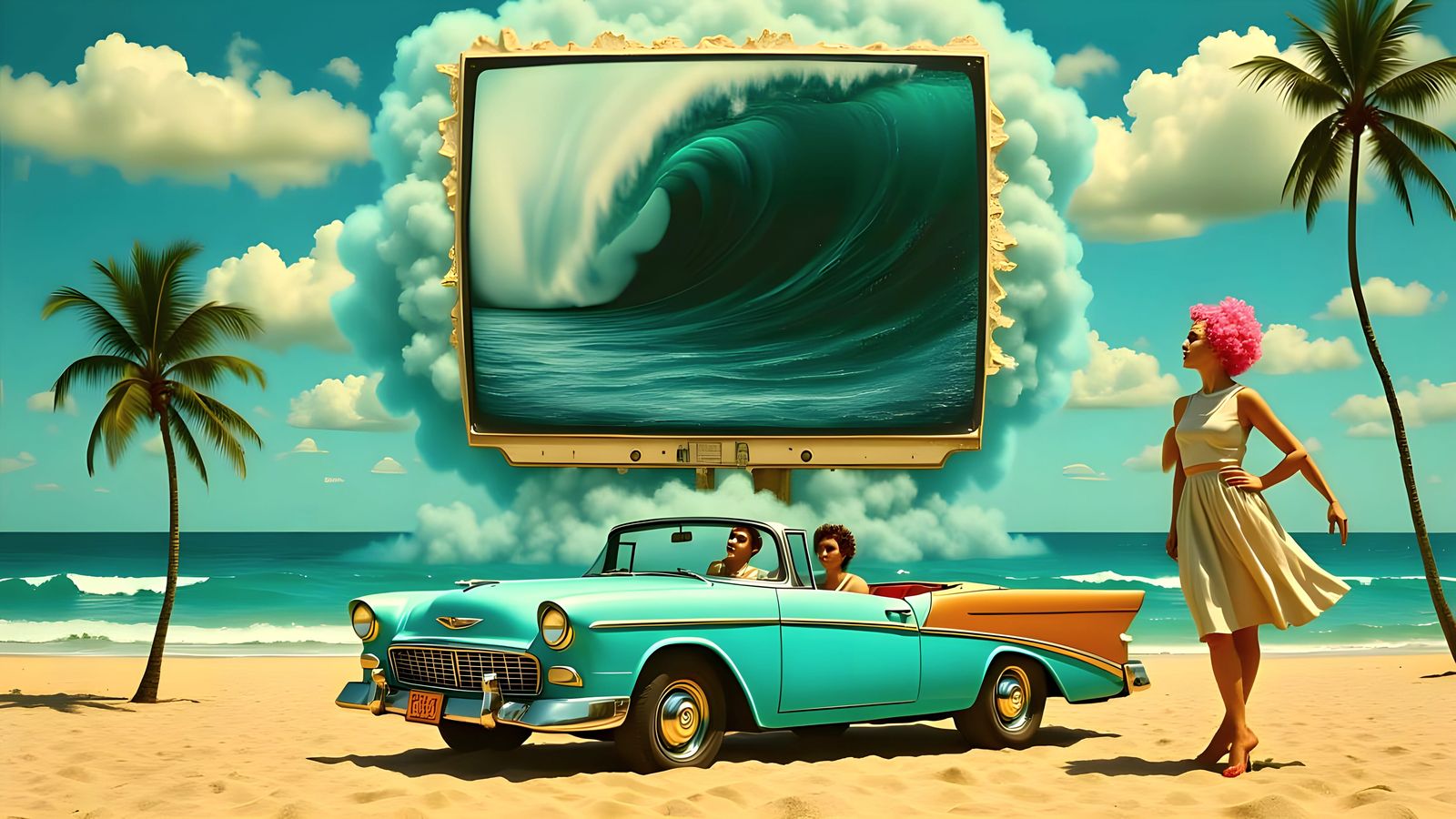 1960s Woman in Vintage Car on Tropical Beach, Surreal Sky