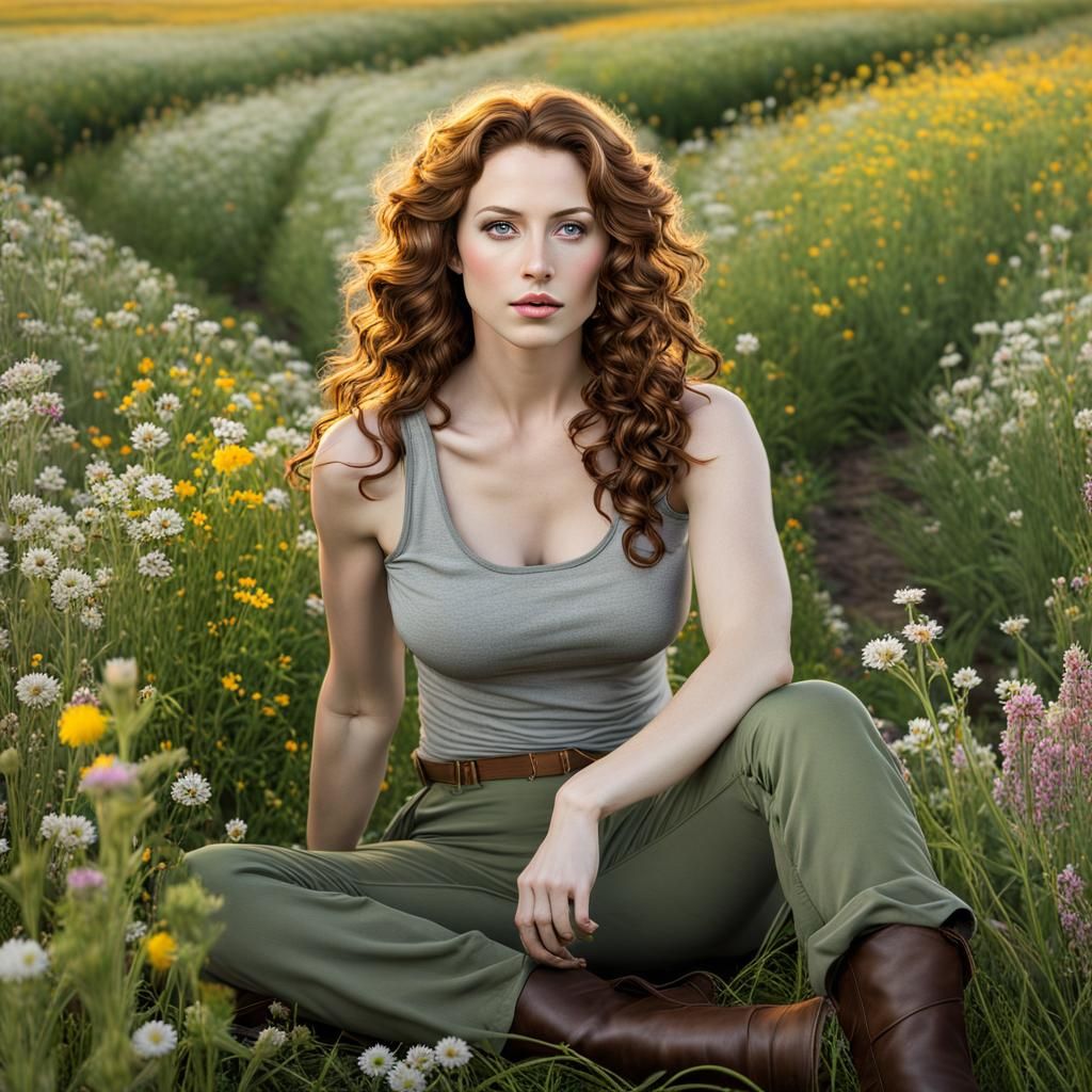 Woman with Auburn Hair in Wildflower Field