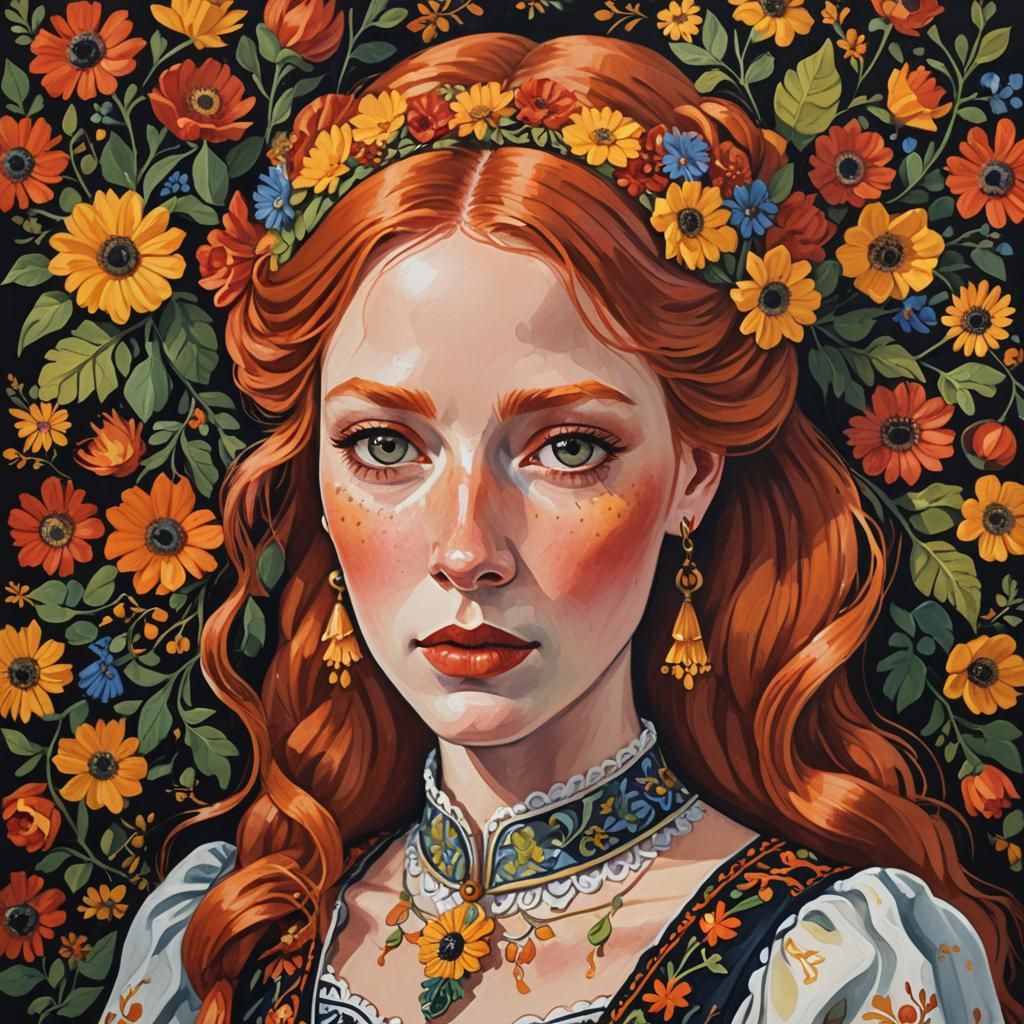 Redhead in Bavarian Dress: German Expressionist Gouache