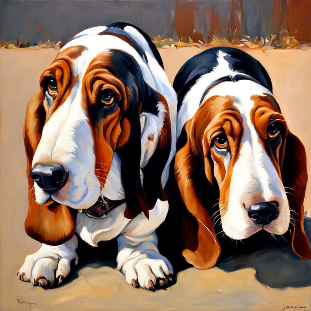 Two Fat Basset Hounds as an Oil Painting