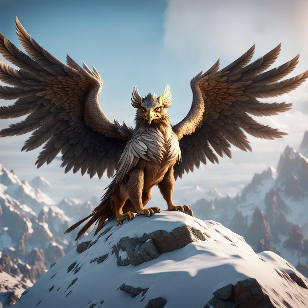 Majestic Gryphon on Winter Mountain: 3D Render