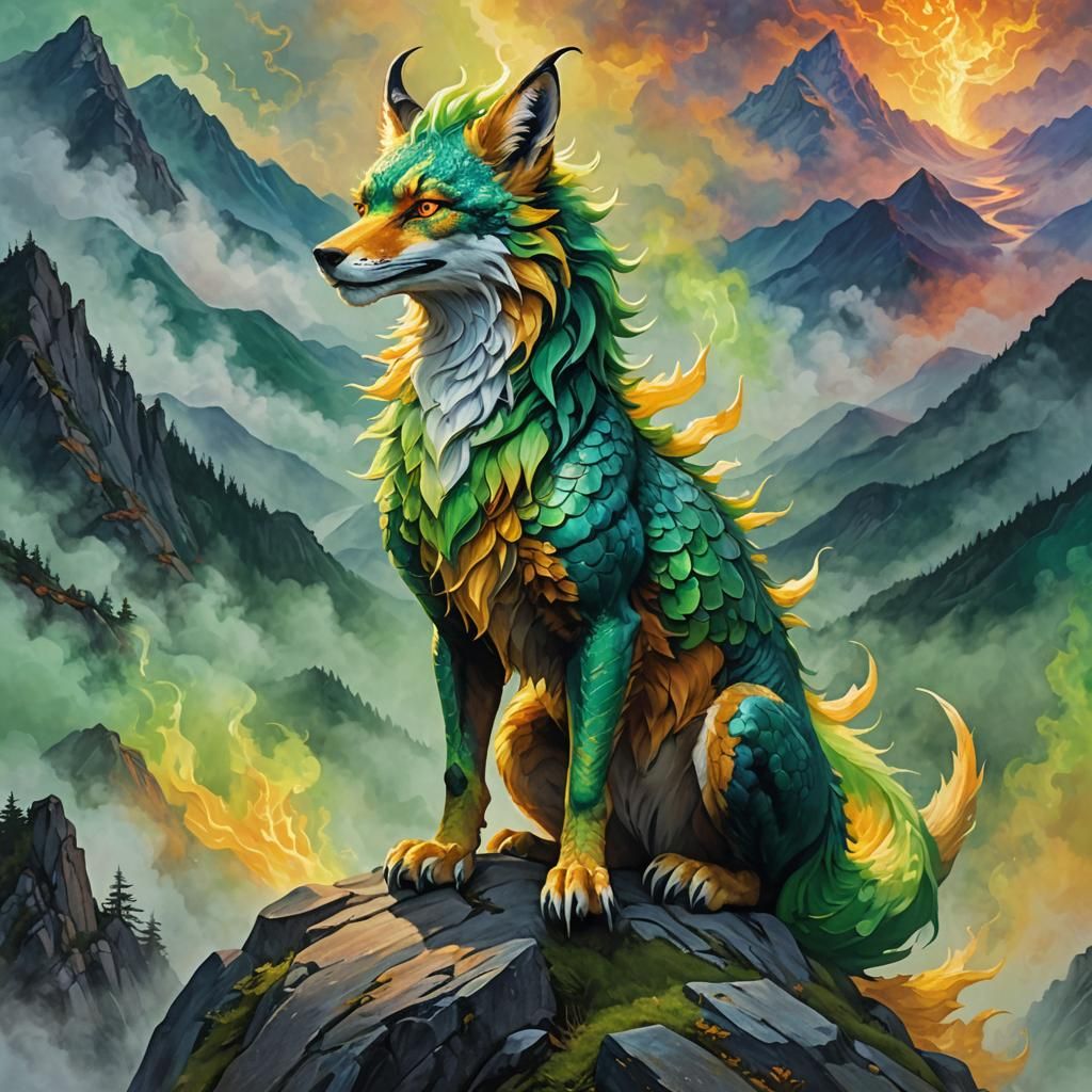 Dragon Fox on Misty Peak in Art Nouveau Style