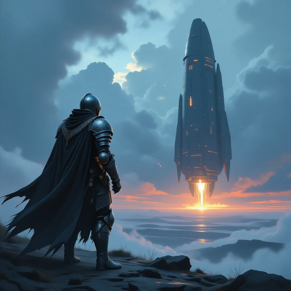 Knight Contemplates Derelict Spaceship on Windswept Plateau