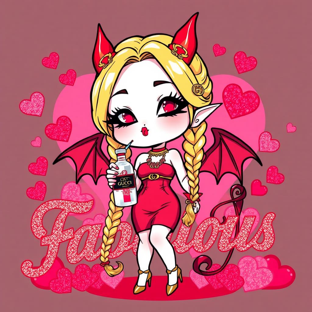 Chibi temptress with long blonde braids devil horns and wing...