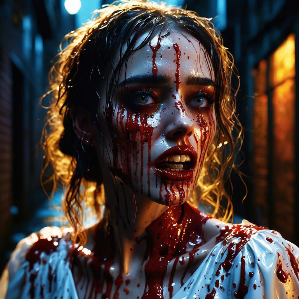 Gothic Horror: Girl in Blood-Soaked Dress