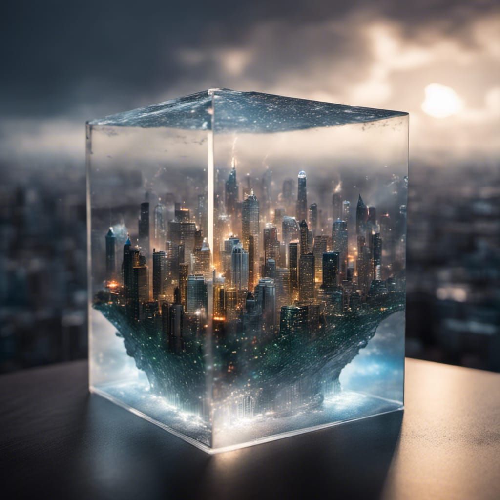 Detailed City Inside Glass Cube with Lightning