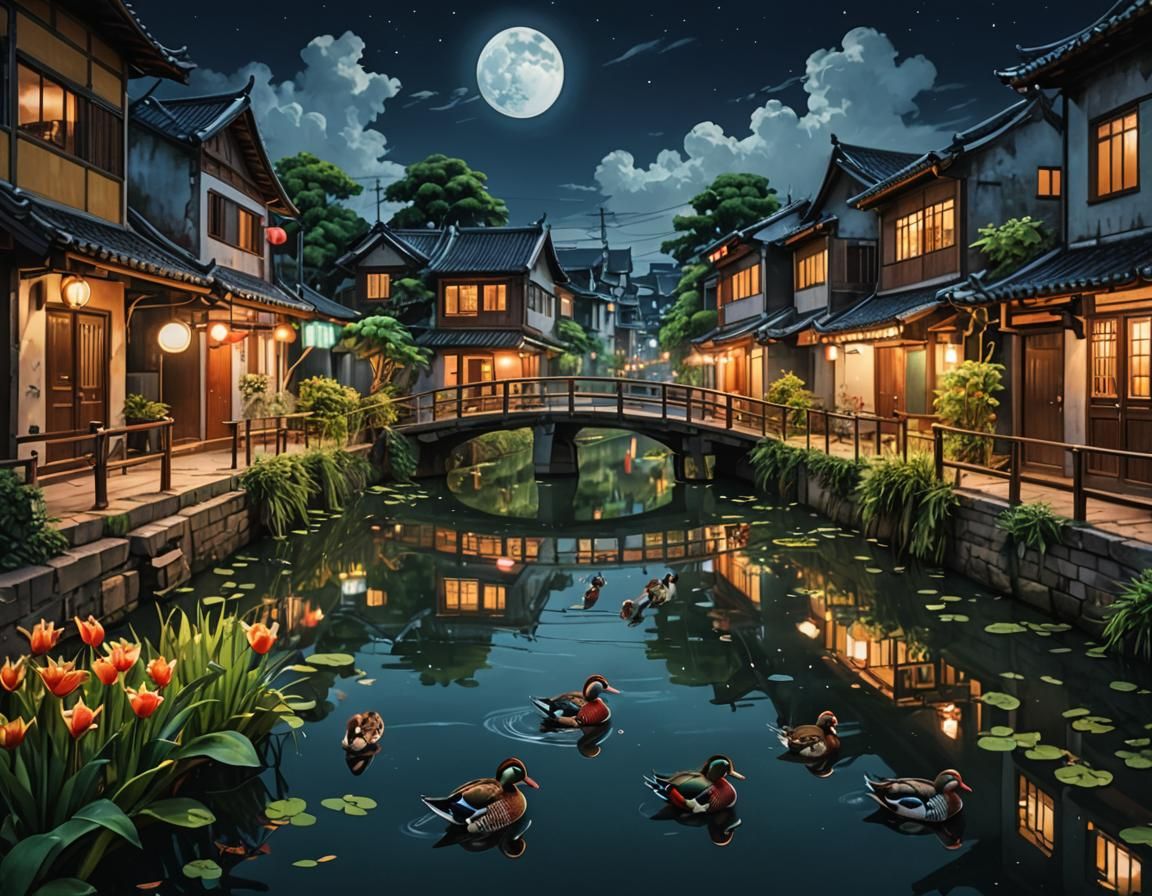 Hyperrealistic Canal Houses with Mandarin Ducks