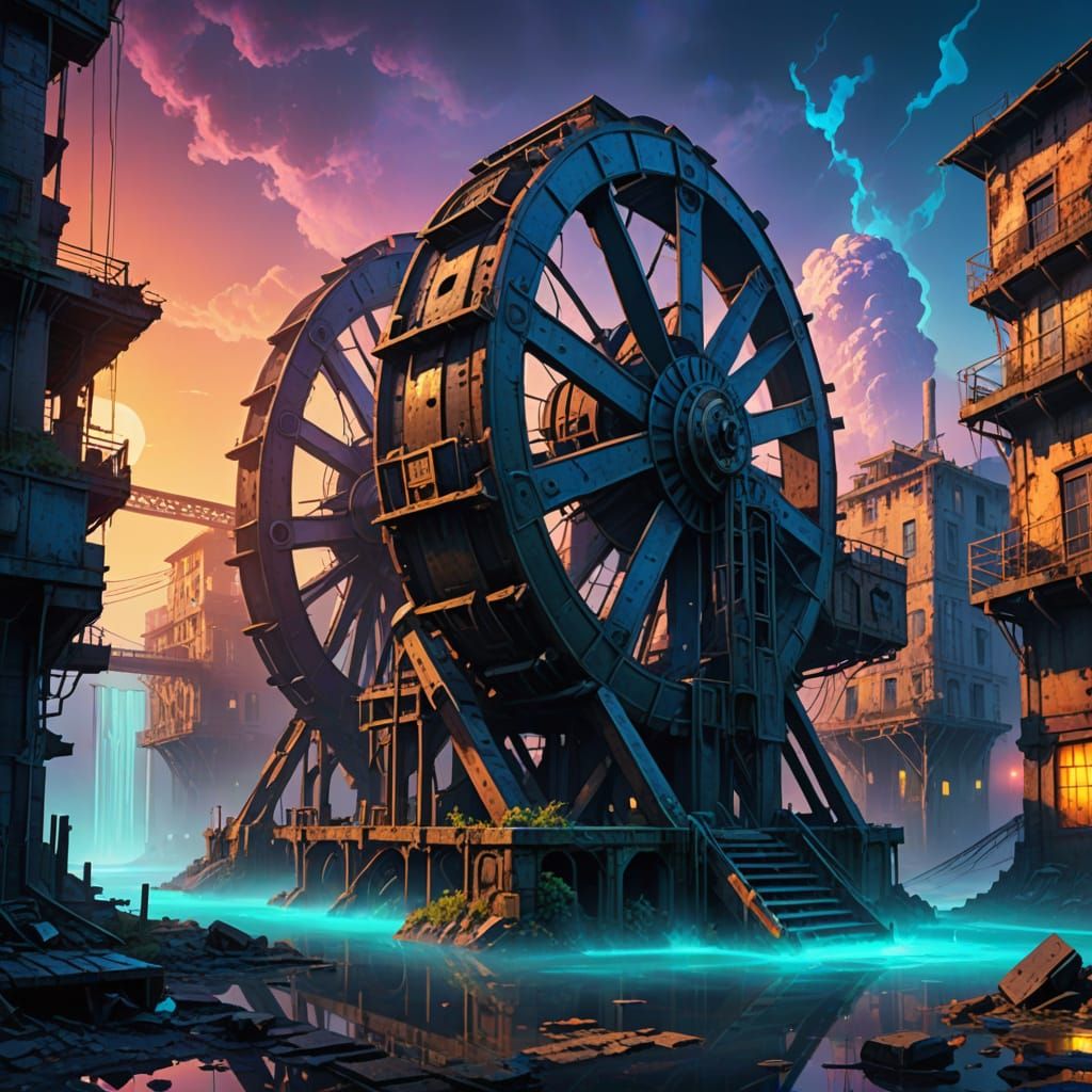 Ancient Waterwheels in a Futuristic, Abandoned Cityscape