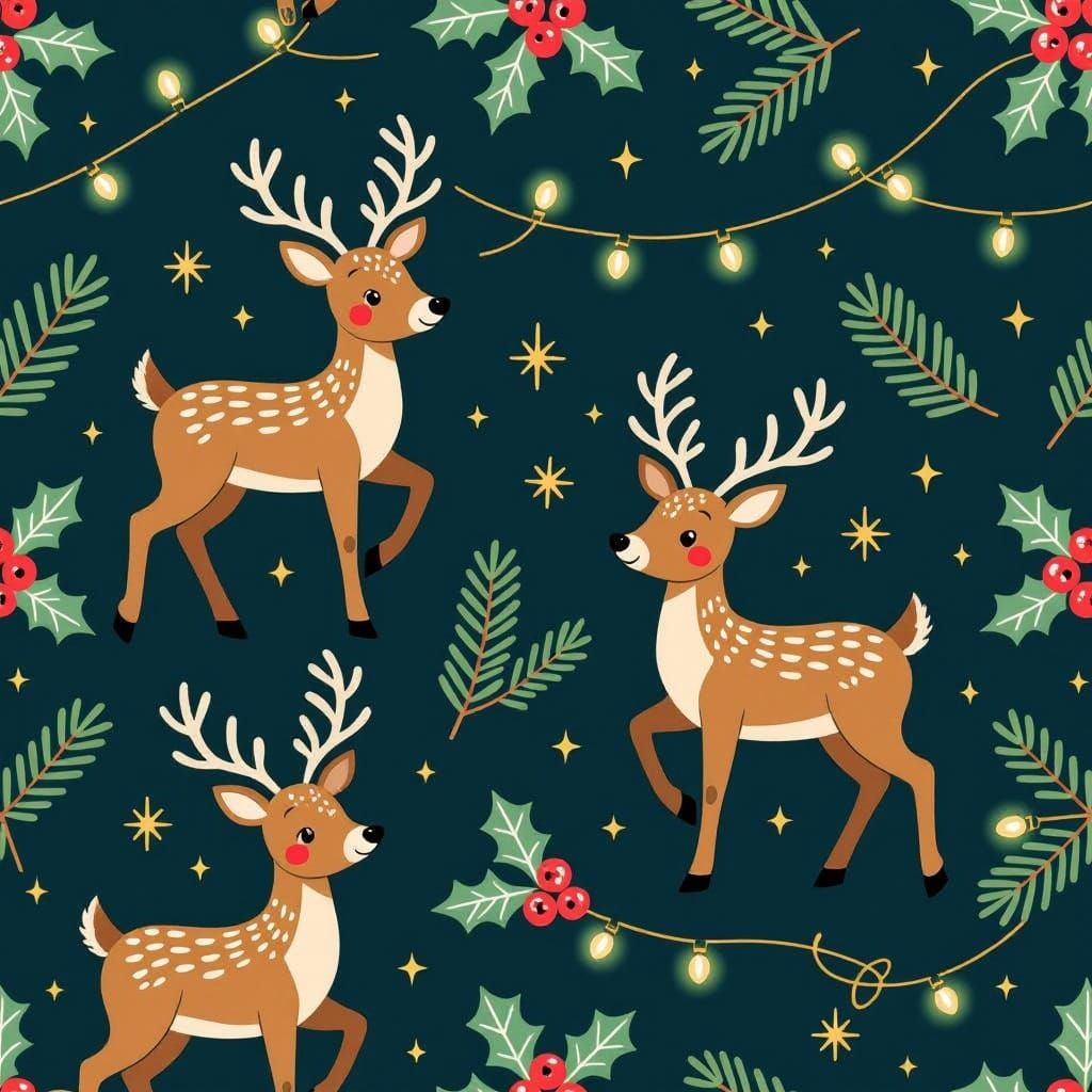 Whimsical Christmas Pattern with Reindeer and Lights