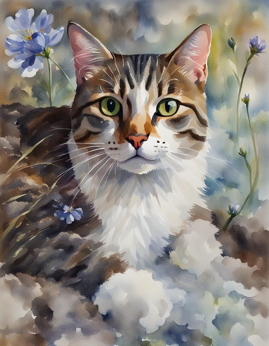 Dreamy Watercolor Portrait of a Tabby Cat