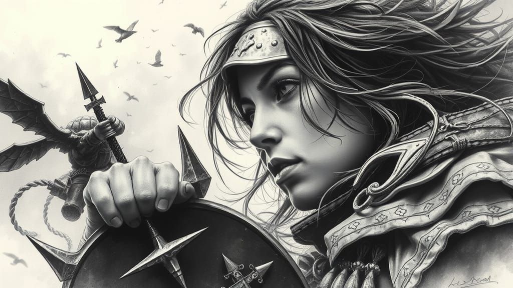 Female Warrior in Epic Battle Hyperdetailed Charcoal Drawing