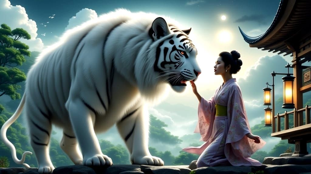 Glowing Nine-Tailed Tiger Touched by Woman in Shinto Shrine